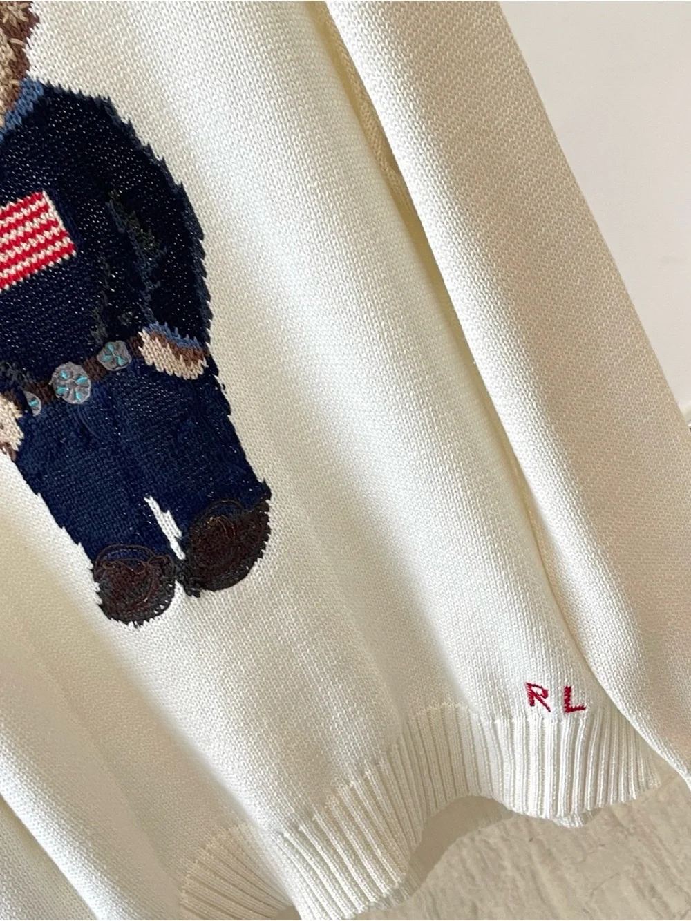 Polo by Ralph Lauren Cream Sweater with Bear Intarsia Large‎ L